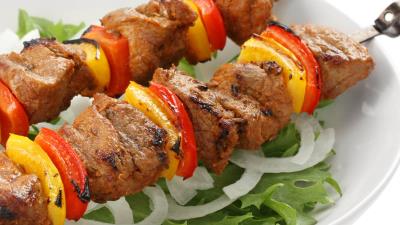 Kebabs meat skewers white plate vegetables 4k wallpaper