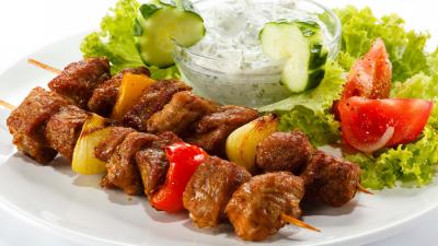 Kebabs plate salad white background mayonnaise 4k wallpaper