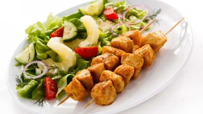 Kebabs plate salad white background 4k wallpaper
