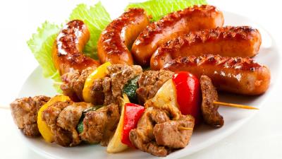 Kebabs sausages cabbage plate white background 4k wallpaper