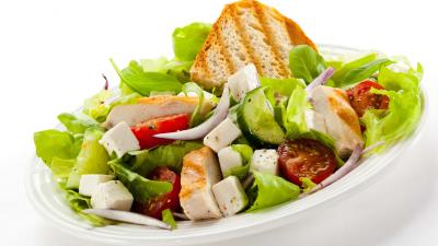 Lettuce herbs meat bread plate 4k wallpaper