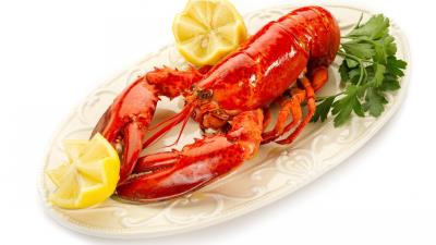 Lobster parsley plate lemons white background dish 4k wallpaper