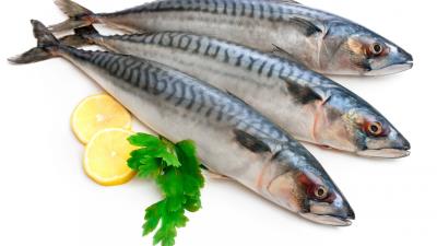Mackerel three fish lemon parsley white background 4k wallpaper