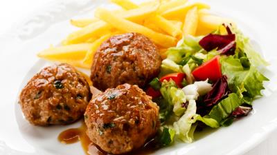 Meat dish meatballs sauce vegetables 4k wallpaper