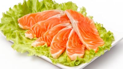 Meat fish pieces cabbage piece plate white background 4k wallpaper