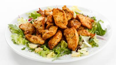 Meat greens plate white background 4k wallpaper