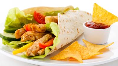 Meat greens potato chips plate ketchup 4k wallpaper