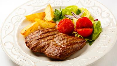 Meat vegetables steak grilled herbs potatoes 4k wallpaper