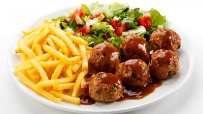 Meatballs potatoes salad plate white background 4k wallpaper