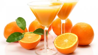 Oranges juice wine glasses white background 4k wallpaper