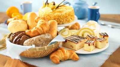 Pastries cakes croissants table 4k wallpaper