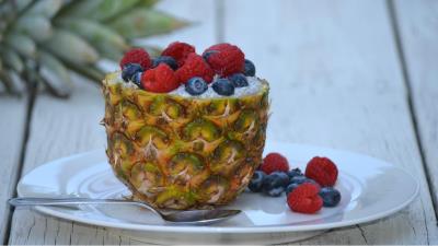 Pineapple berries raspberries blueberries dessert 4k wallpaper