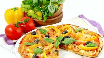 Pizza baked goods vegetables white dish greens tomatoes 4k wallpaper