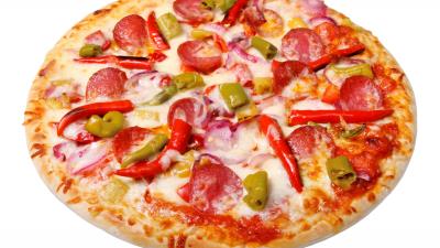 Pizza cheese sausage vegetables baked 4k wallpaper