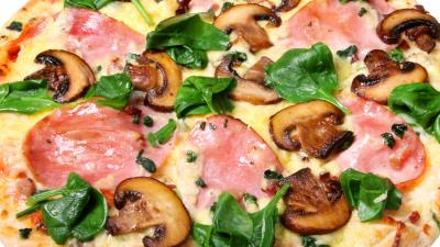 Pizza mushrooms sausage leaves green white 4k wallpaper