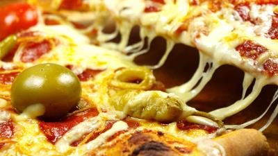 Pizza olives cheese vegetables piece 4k wallpaper