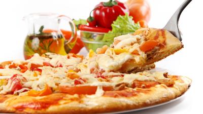 Pizza piece spoon white background 4k wallpaper