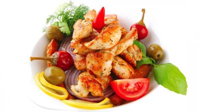 Plate fruit meat vegetables white background 4k wallpaper