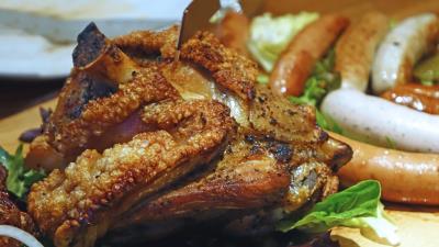 Pork knuckle sausages meat appetizing 4k wallpaper