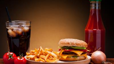 Potatoes fries coke ice hamburger bun sesame vegetables tomatoes onions patty cheese ketchup fast food 4k wallpaper