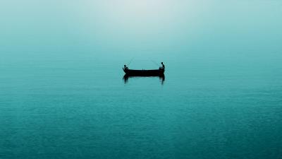 Sea fishermen boat fishing minimalism 4k wallpaper