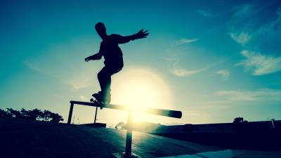 Skate board athlete railings motion silhouette ice ring 4k wallpaper