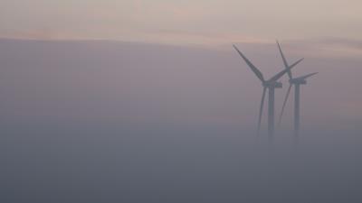 Windmills fog field 4k wallpaper