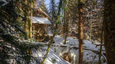 Winter forest river mill landscape 4k wallpaper