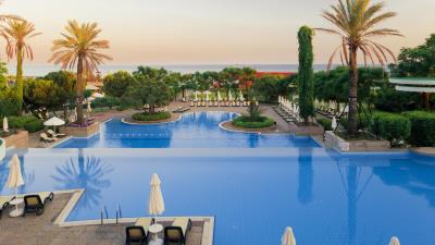 Tropical resort palm trees swimming pool 4k wallpaper