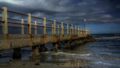 Twilight bridge beach landscape 4k wallpaper