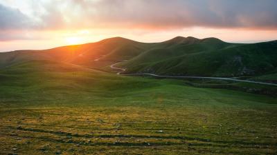 Valley grass sunset path 4k wallpaper