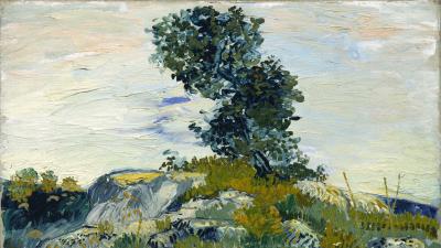 Vincent van gogh rocks with oak tree the rocks landscape canvas oil 4k wallpaper