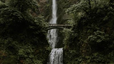 Waterfall cliff bridge 4k wallpaper