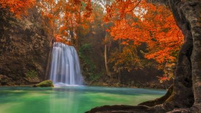 Waterfall pond trees thailand nature 4k wallpaper