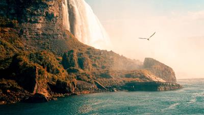 Waterfall sea rocks 4k wallpaper