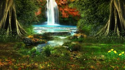 Waterfall trees vegetation nature landscape 4k wallpaper