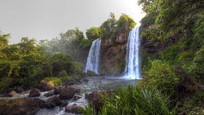 Waterfalls river rocks trees landscape 4k wallpaper