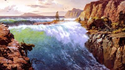 waterfalls cliffs wind birds warrior 4k wallpaper