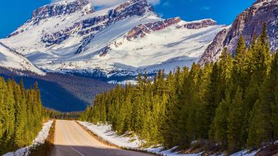 Alberta canada banff national park mountain road distance snow 4k wallpaper