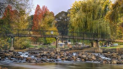 Autumn river bridge trees rocks wallpaper 4k wallpaper