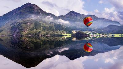 Balloon mountain lake reflection 4k wallpaper