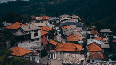 Buildings roofs forest 4k wallpaper