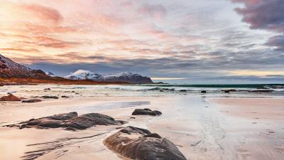 Coast sand rocks 4k wallpaper