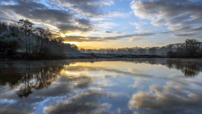 Dawn reflection trees 4k wallpaper