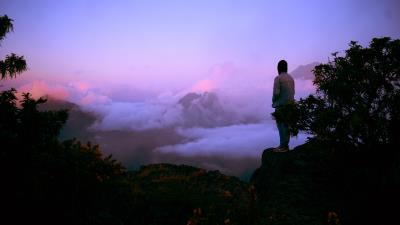 Fog man mountains top 4k wallpaper