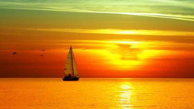 decline sailing vessel birds orange sun lunar path sea horizon sky 4k wallpaper