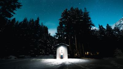 Forest night building 4k wallpaper