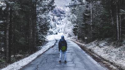 Forest walk lonely winter road 4k wallpaper