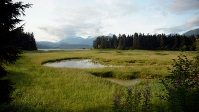 Grass pond mountains 4k wallpaper