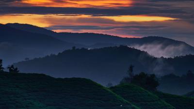 Hills distance sunset 4k wallpaper